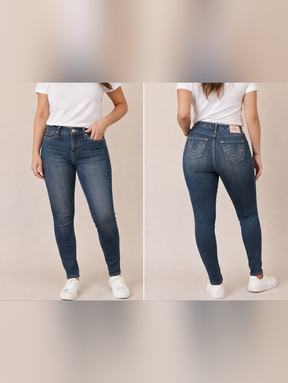 NWOT True Religion Jennie Curvy Skinny Jeans Sz 28 Blue Mid Rise Stud Horseshoe